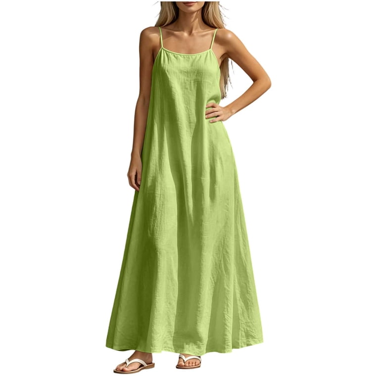 Mgmyaa Women's Round Neck Spaghetti Strap Sleeveless Loose Solid Color Maxi Dress, Casual Flowy A-Line Long Dress for Beach Vacation Daily Wear