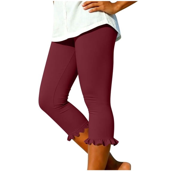 Mgmyaa Women's Ruffle Hem Capri Leggings High Waisted with Pockets 4-Way Stretch Summer Yoga Pants for Active