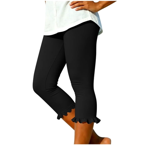 Mgmyaa Women's Ruffle Hem Capri Leggings High Waisted with Pockets 4-Way Stretch Summer Yoga Pants for Active