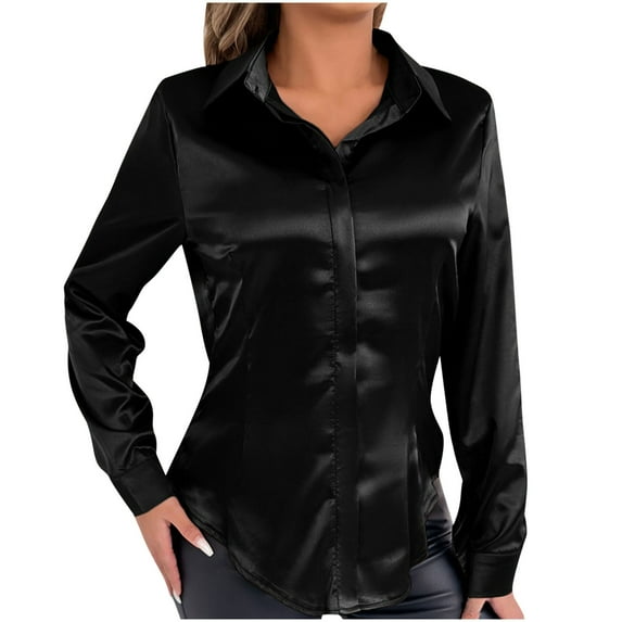 Mgmyaa Women's Satin Button Down Shirt Turndown Collar Long Sleeve Work Office Tops Blouse