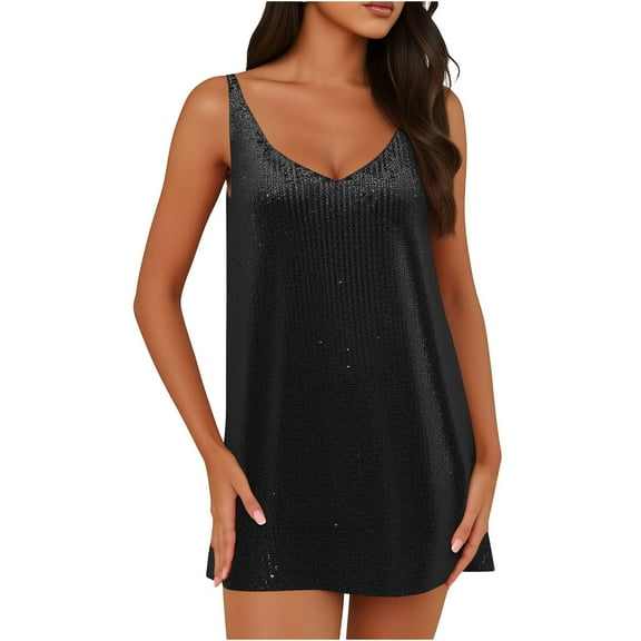 Mgmyaa Women's Sequin Slip Dress Sleeveless V-Neck Spaghetti Straps Casual Party Mini Dress