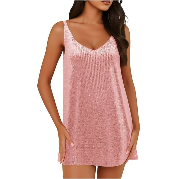 Mgmyaa Women's Sequin Slip Dress Sleeveless V-Neck Spaghetti Straps Casual Party Mini Dress