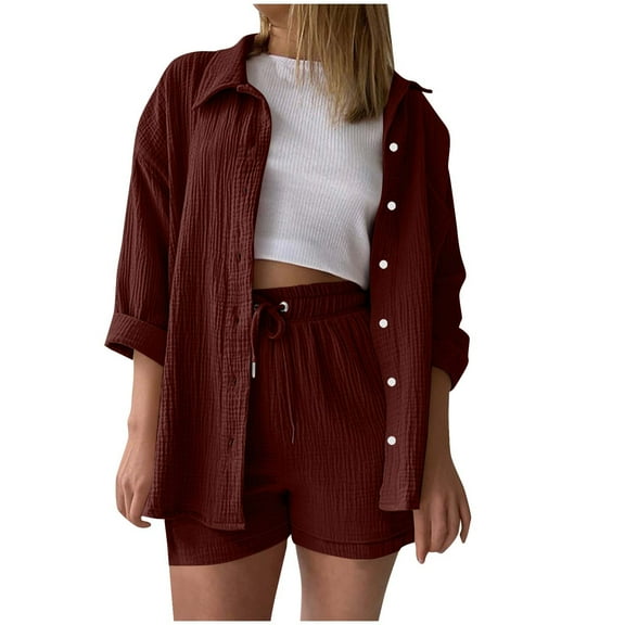 Mgmyaa Women's Set Casual Tracksuit Button Down 3/4 Sleeve Shirt Drawstring Shorts with Pockets 2 Piece Lounge Set
