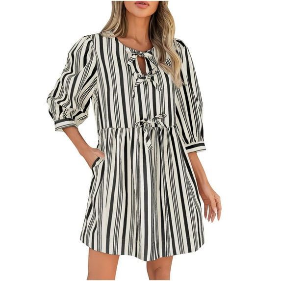 Mgmyaa Women's Shirt Dress 3/4 Sleeve Tie Neck Mini Dress Summer Casual Bow Striped Loose Flowy Beach Dresses