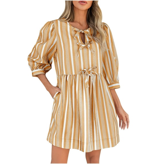 Mgmyaa Women's Shirt Dress 3/4 Sleeve Tie Neck Mini Dress Summer Casual Bow Striped Loose Flowy Beach Dresses