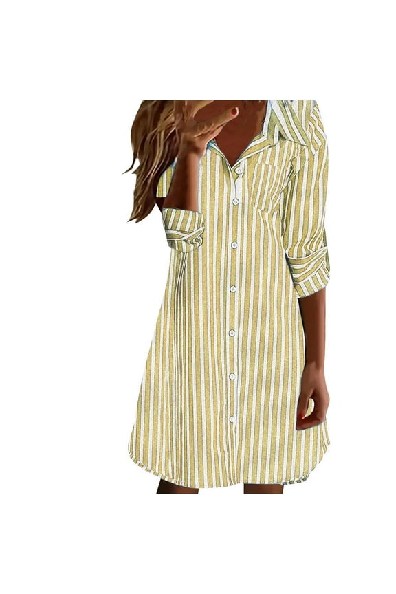 Women's Shirt Dress Casual Stripe Stright Long Sleeve Collared Knee-Length Dress Button Down Collar Midi Dress
