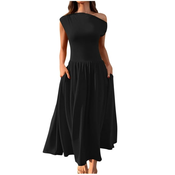 Mgmyaa Women's Short Sleeve Maxi Dresses Off the Shoulder Casual Elastic Empire Waist Long Dress with Pockets