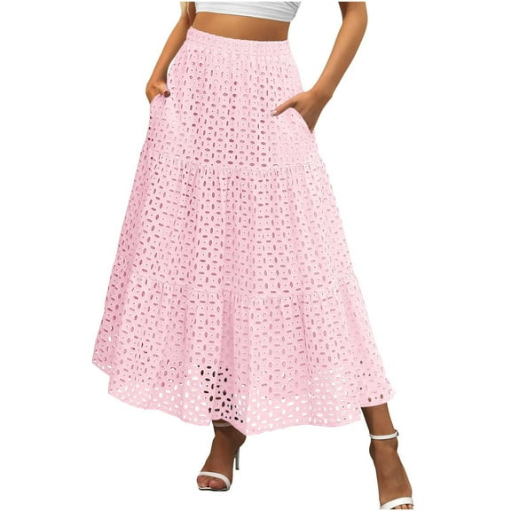 Mgmyaa Women's Skirts Tiered Maxi Skirts Eyelet Smocked Tiered A Line Flowy Elastic Waist Long Skirt