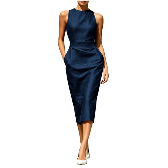 Mgmyaa Women's Sleeveless Crew Neck Linen-Like Midi Dress, Waist Cinched Sheath with Pockets, Solid Color Casual Workwear