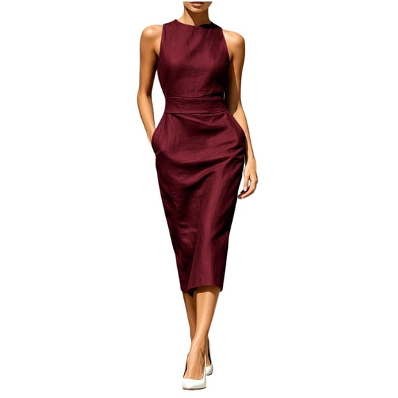 Mgmyaa Women's Sleeveless Crew Neck Linen-Like Midi Dress, Waist Cinched Sheath with Pockets, Solid Color Casual Workwear