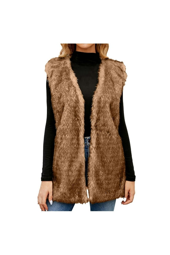 Women's Sleeveless Faux Fur Vest Jacket for Winter, Long Plush Fleece V-Neck Open Front Warm Coat