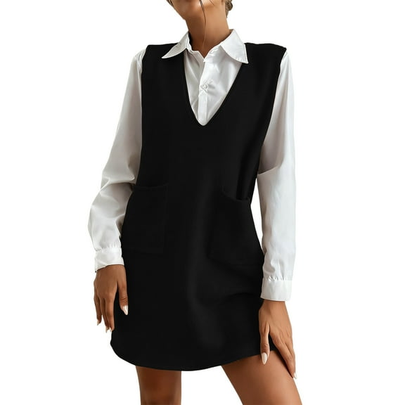 Mgmyaa Women's Sleeveless Knitted Dress Solid V Neck Sweater Tank Dress with Pockets