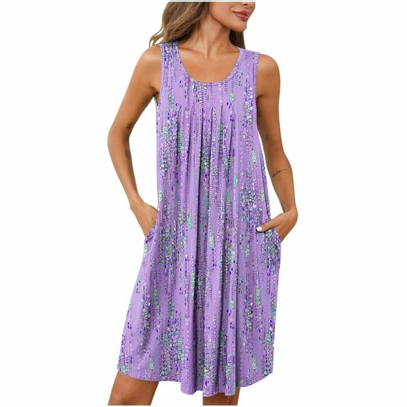 Mgmyaa Women's Sleeveless Sleep Dress Pleated Nightshirt Print Lounge Nightgown Round Neck Chemise Comfortable Home Wear Short Nightdress