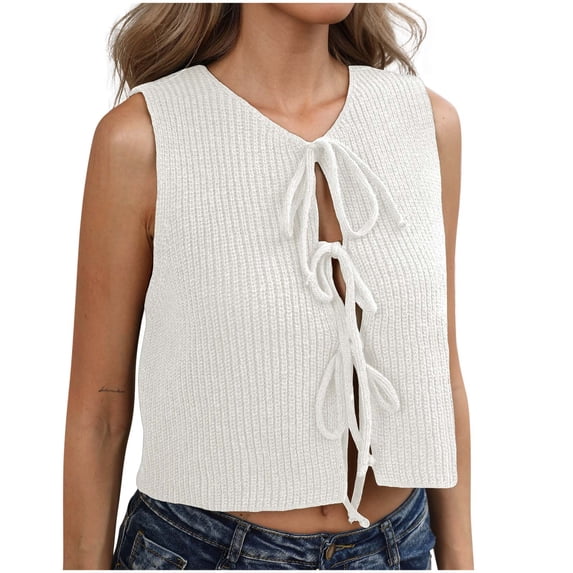 Mgmyaa Women's Slim Casual Pullover Top Crew Neck Sleeveless Tie Front Soft Solid Blouse Tank for Summer Daily Casual