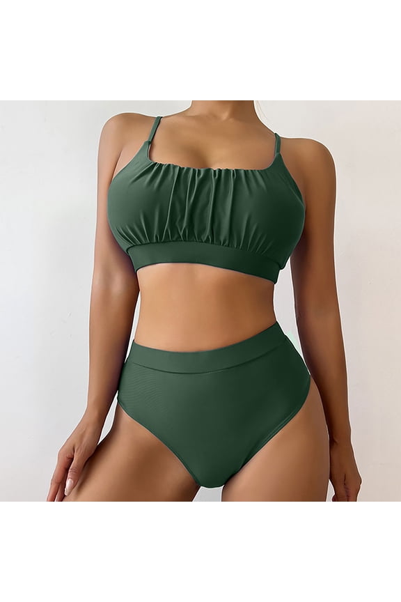 Women's Soft Cup Bikini Set Two Piece Swimsuit with Standard Straps Crew Neck Solid Pattern Quick Dry Nylon Spandex for Beach