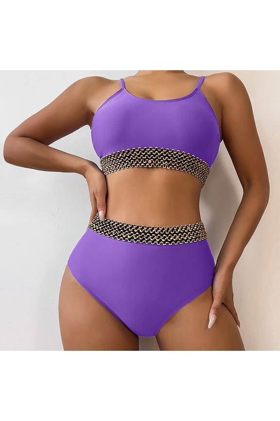 Women's Soft Cup Bikini Set Two Piece Swimsuit with Standard Straps Crew Neck Solid Pattern Quick Dry Nylon Spandex for Pool