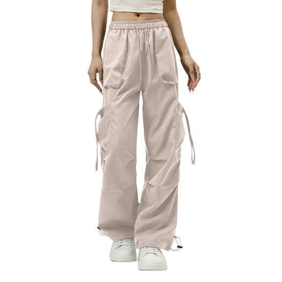 Mgmyaa Women's Soft Lightweight Nylon Straight-Leg Cargo Full Length Pants with Drawstring Mid Waist Adjustable Waist Active Fit Trousers for Sports Hiking Gym