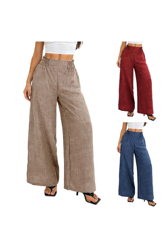 Women's Soft Polyester Cotton Blend Wide-Leg Khaki Full Length Pants with Elastic Mid Waist Adjustable Waist Relaxed Fit Elasticated Waist for Daily Street Work Commute