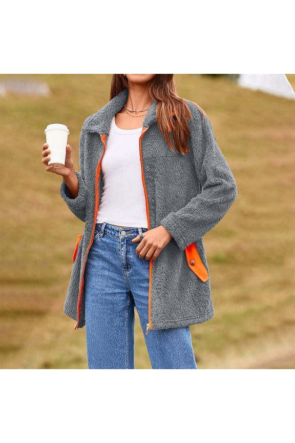 Women's Stand Collar Quilted Jacket Contrast Trim Casual Long Sleeve Zip Front Fleece Outerwear Fall Winter