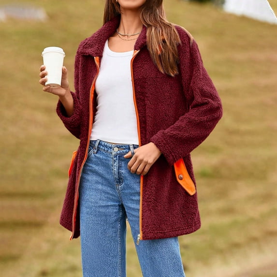 Mgmyaa Women's Stand Collar Quilted Jacket Contrast Trim Casual Long Sleeve Zip Front Fleece Outerwear Fall Winter
