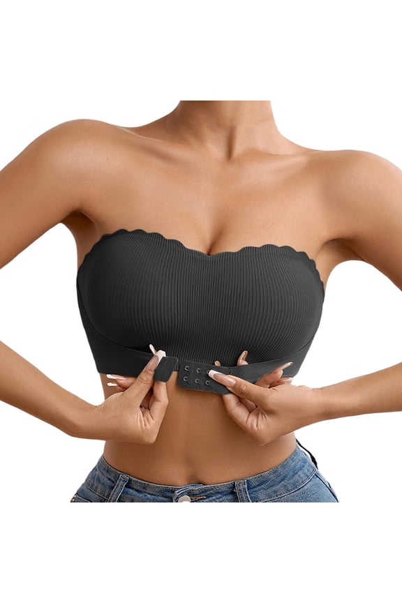 Women's Strapless Bandeau Bra - Seamless Ruffled Trim Non-Slip Front Closure Push-Up Lift Beauty Back