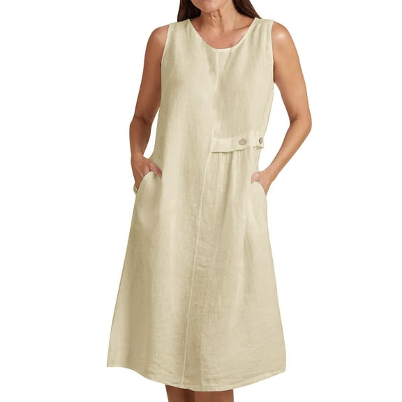 Mgmyaa Women's Summer Casual Dress Crew Neck Sleeveless Midi Sundress with Pockets
