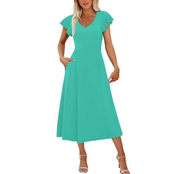 Mgmyaa Women's Summer Dress A-Line Tea-Length V-Neck Short Flutter Sleeve Dress Ruffle Midi Dress Beach Sundress