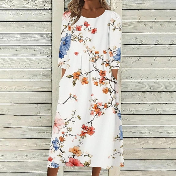 Mgmyaa Women's Summer Floral Print Casual Dress - 3/4 Sleeve Crew Neck A-Line Midi Dress for Daily Outings and Beach Wear