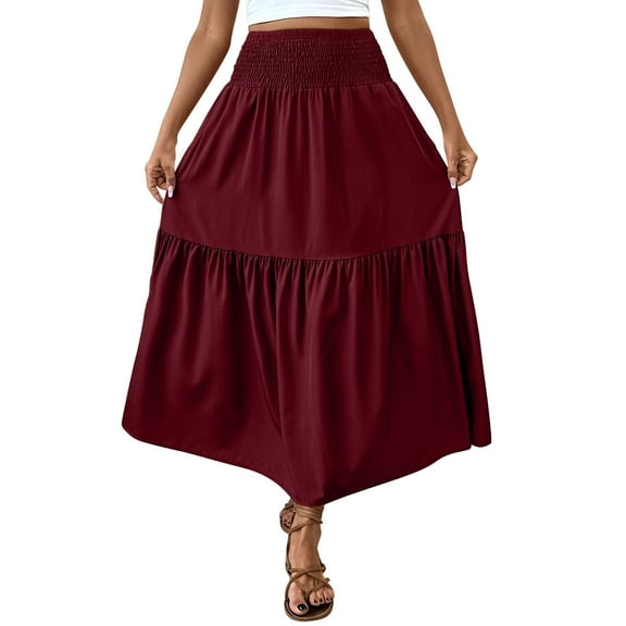 Mgmyaa Women's Summer Flowy Boho Maxi Skirt Trendy Smocked Waist Ruffle Tiered A Line Casual Beach Long Skirts Midi Dress