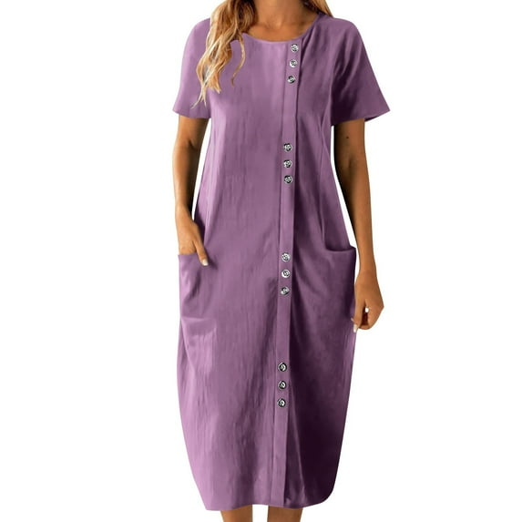 Mgmyaa Women's Summer Long Dress Casual Round Neck Short Sleeve Tunic Dresses Popover Maxi Dress with Pockets