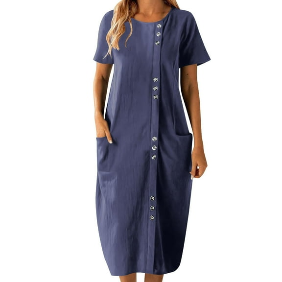 Mgmyaa Women's Summer Long Dress Casual Round Neck Short Sleeve Tunic Dresses Popover Maxi Dress with Pockets