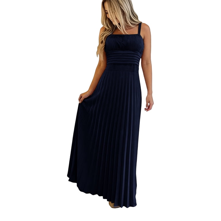 Mgmyaa Women's Summer Solid Ice Silk-like Pleated Maxi Dress, Sleeveless Spaghetti Strap, Square Neck, Slim Fit Bodice, Flowy Skirt, Casual Elegant