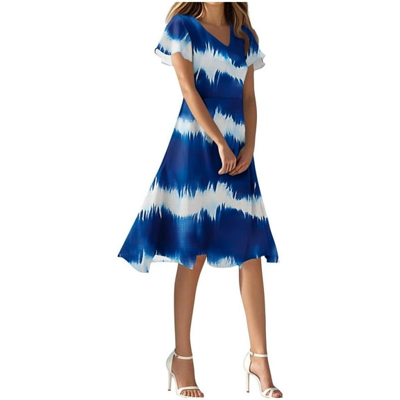 Mgmyaa Women's Sundress V-Neck Short Sleeve Printing Dresses Elegant Flutter Sleeve Casual Boho Midi Dress Summer Swing Dress