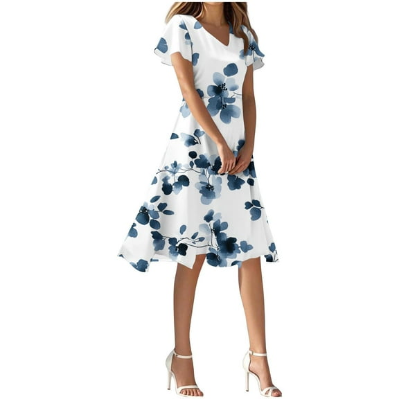 Mgmyaa Women's Sundress V-Neck Short Sleeve Printing Dresses Elegant Flutter Sleeve Casual Boho Midi Dress Summer Swing Dress
