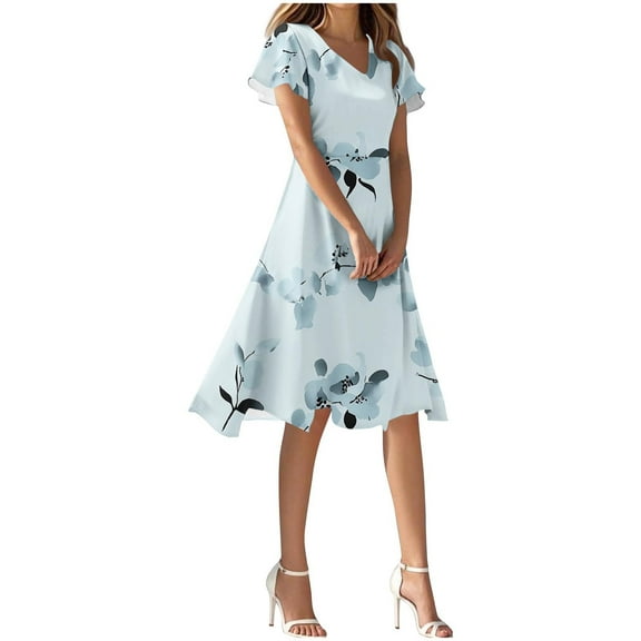 Mgmyaa Women's Sundress V-Neck Short Sleeve Printing Dresses Elegant Flutter Sleeve Casual Boho Midi Dress Summer Swing Dress