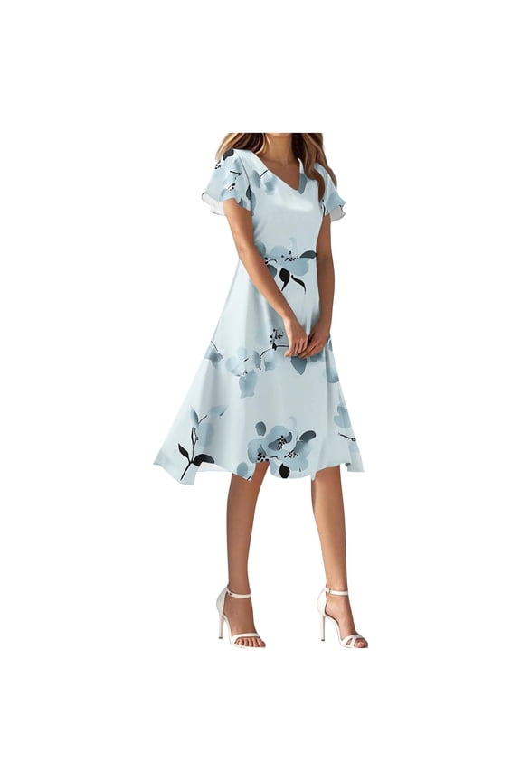 Women's Sundress V-Neck Short Sleeve Printing Dresses Elegant Flutter Sleeve Casual Boho Midi Dress Summer Swing Dress