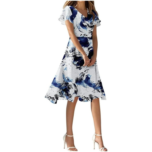 Mgmyaa Women's Sundress V-Neck Short Sleeve Printing Dresses Elegant Flutter Sleeve Casual Boho Midi Dress Summer Swing Dress