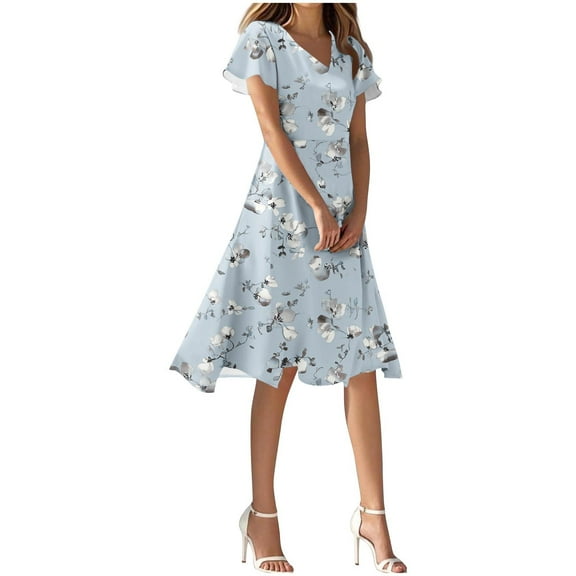 Mgmyaa Women's Sundress V-Neck Short Sleeve Printing Dresses Elegant Flutter Sleeve Casual Boho Midi Dress Summer Swing Dress
