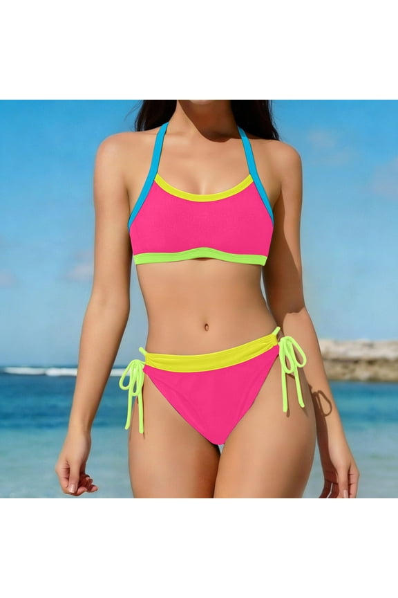 Women's Support Bikini Set Two Piece Swimsuit Notch Neck with Spaghetti Straps Solid Pattern Quick Dry Nylon Spandex for Beach