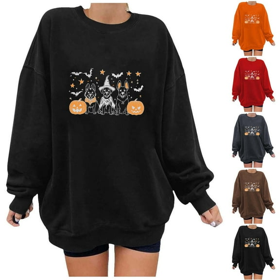 Mgmyaa Women's Sweatshirt Halloween Graphic Drop-Shoulder Crew Neck Long-Sleeve Tops Blouses