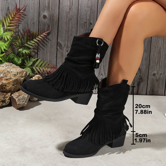 Mgmyaa Women's Tassel Casual Comfort Winter Short Boots Round Toe Fringe Low Block Heel