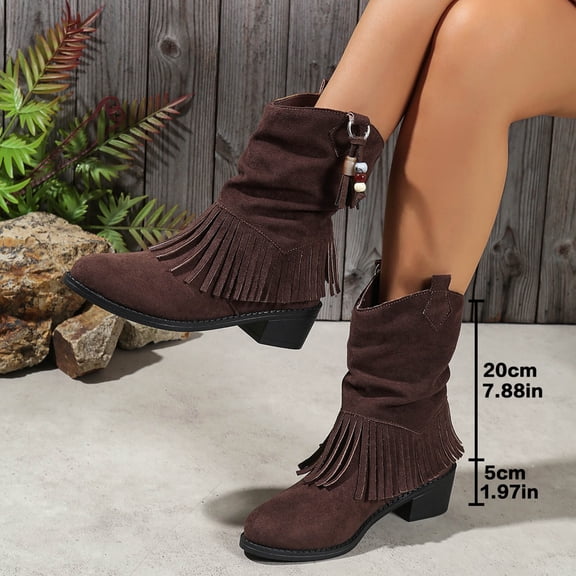 Mgmyaa Women's Tassel Casual Comfort Winter Short Boots Round Toe Fringe Low Block Heel