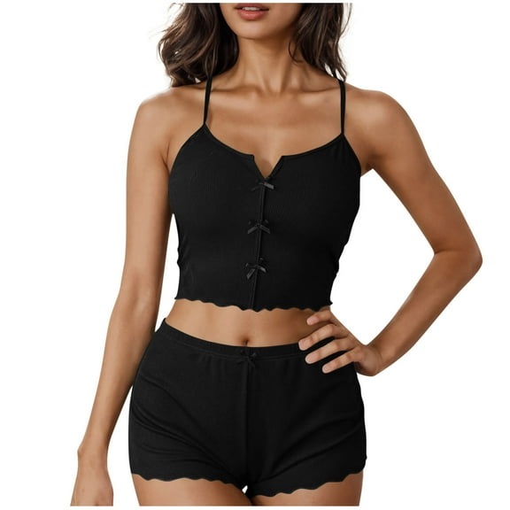 Mgmyaa Women's Thin Knit Solid Pajama Set with Adjustable Tank Top and Elastic Waist Shorts Lounge Outfit