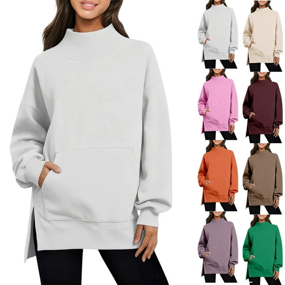 Mgmyaa Women's Turtleneck Sweatshirt Casual Loose Long Sleeve Pullover Blouse Top with Side Slit