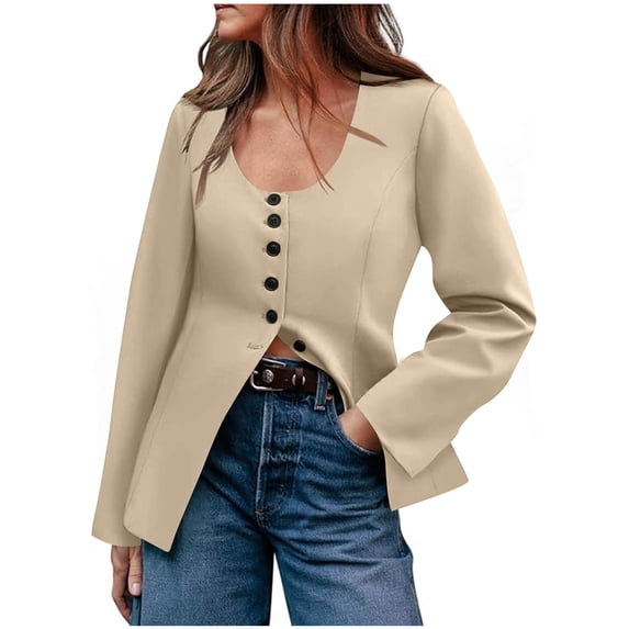 Mgmyaa Women's U-Neck Button Front Cardigan Blazer Casual Long Sleeve Open Front Jackets Top
