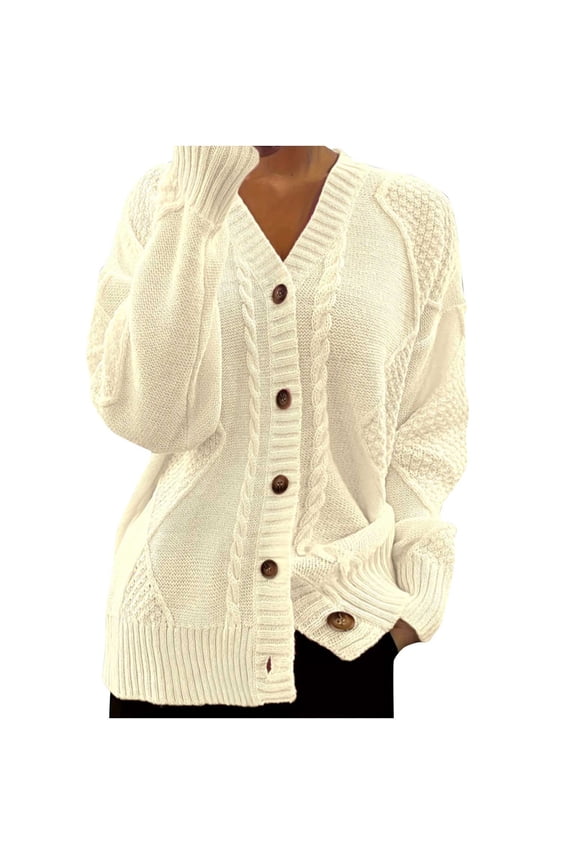 Women's V-Neck Button Cardigan Sweater Casual Long Sleeve Knitted Cover-Up Blouse Winter Warm Loose Tops