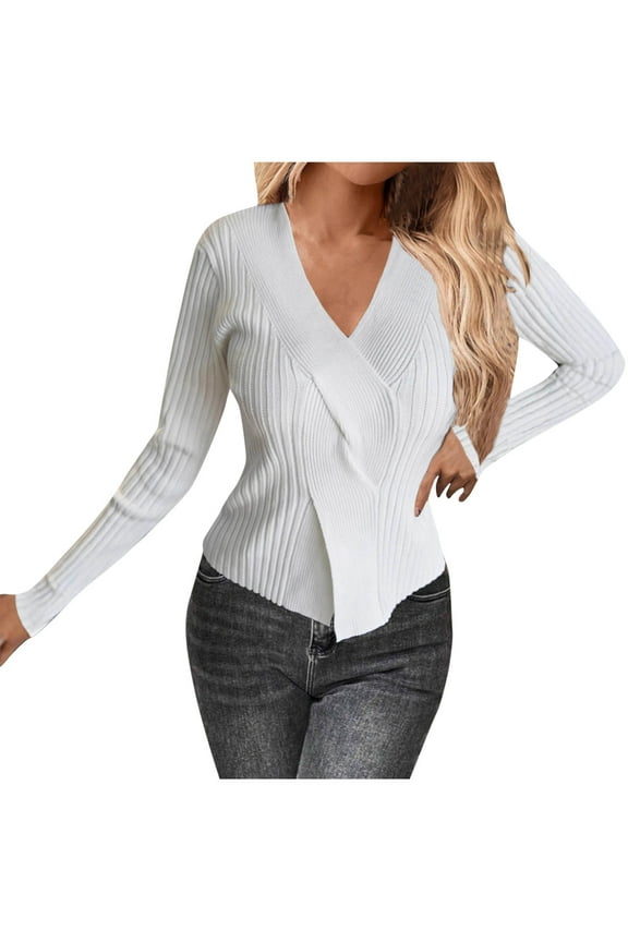 Women's V-Neck Cross Front Knit Sweater Solid Long Sleeve Irregular Hem Tunic Tops Casual Fall Fashion Stretch Polyester