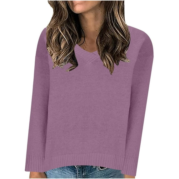 Mgmyaa Women's V-Neck Pullover Sweater Solid Color Long Sleeve Casual Knit Tops for Fall Winter Daily Wear Comfortable Stretchy Blouse Clothing