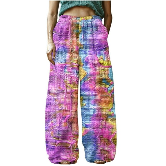 Mgmyaa Women's Vintage Boho Linen Pants Elastic Waist Casual Trousers with Pockets, Relaxed Fit Long Pants for Women