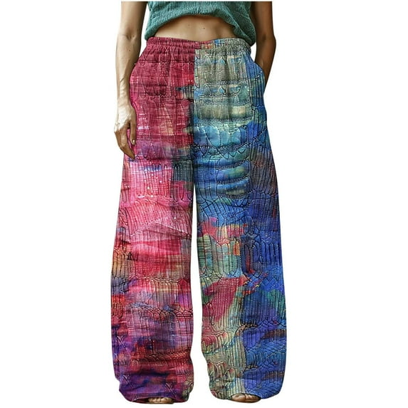 Mgmyaa Women's Vintage Boho Linen Pants Elastic Waist Casual Trousers with Pockets, Relaxed Fit Long Pants for Women